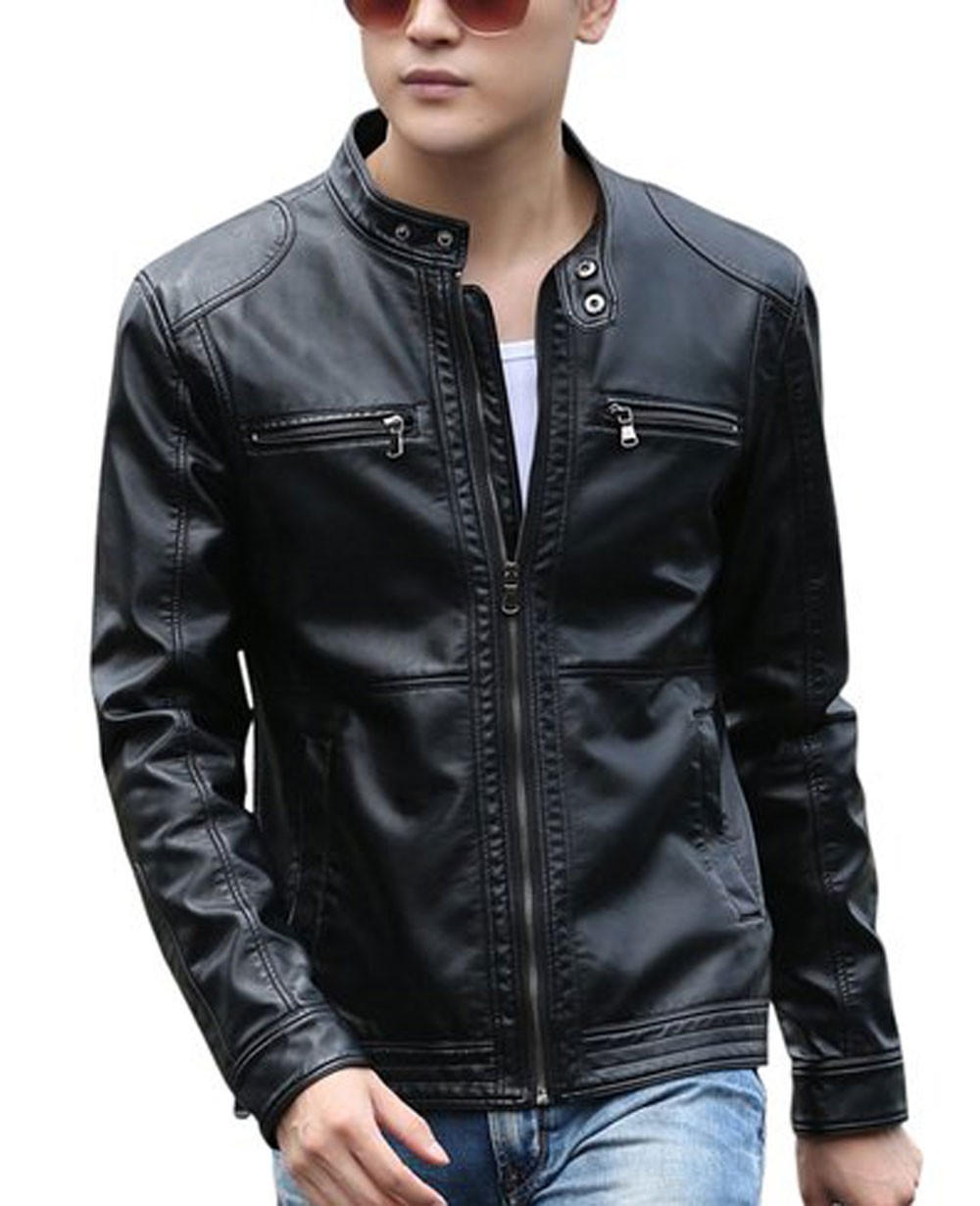 Bstge Mens Stand Collar Vintage PU Leather Outwear