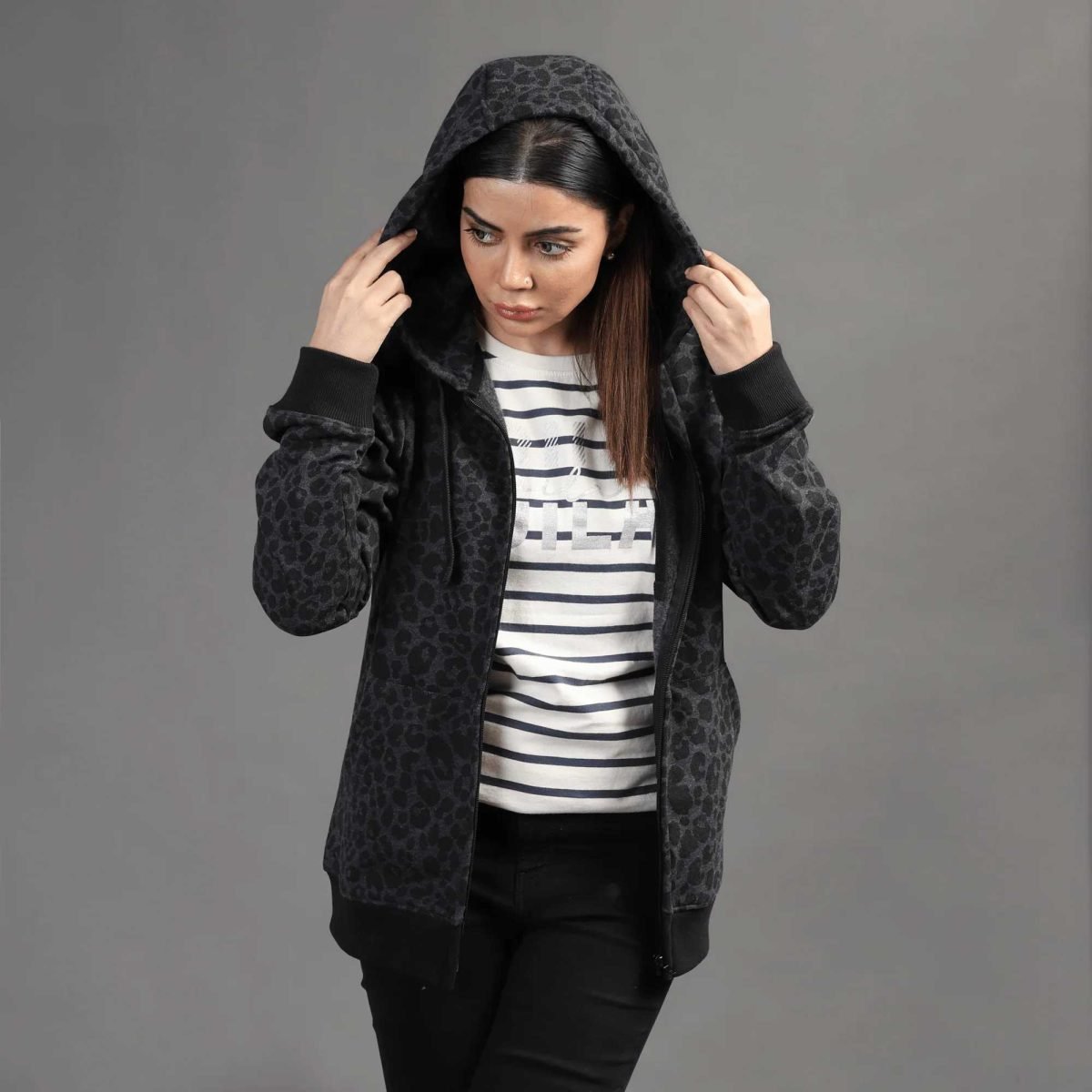 Allover Printed Women Cotton Fleece Zipper Hoodie QA-2248