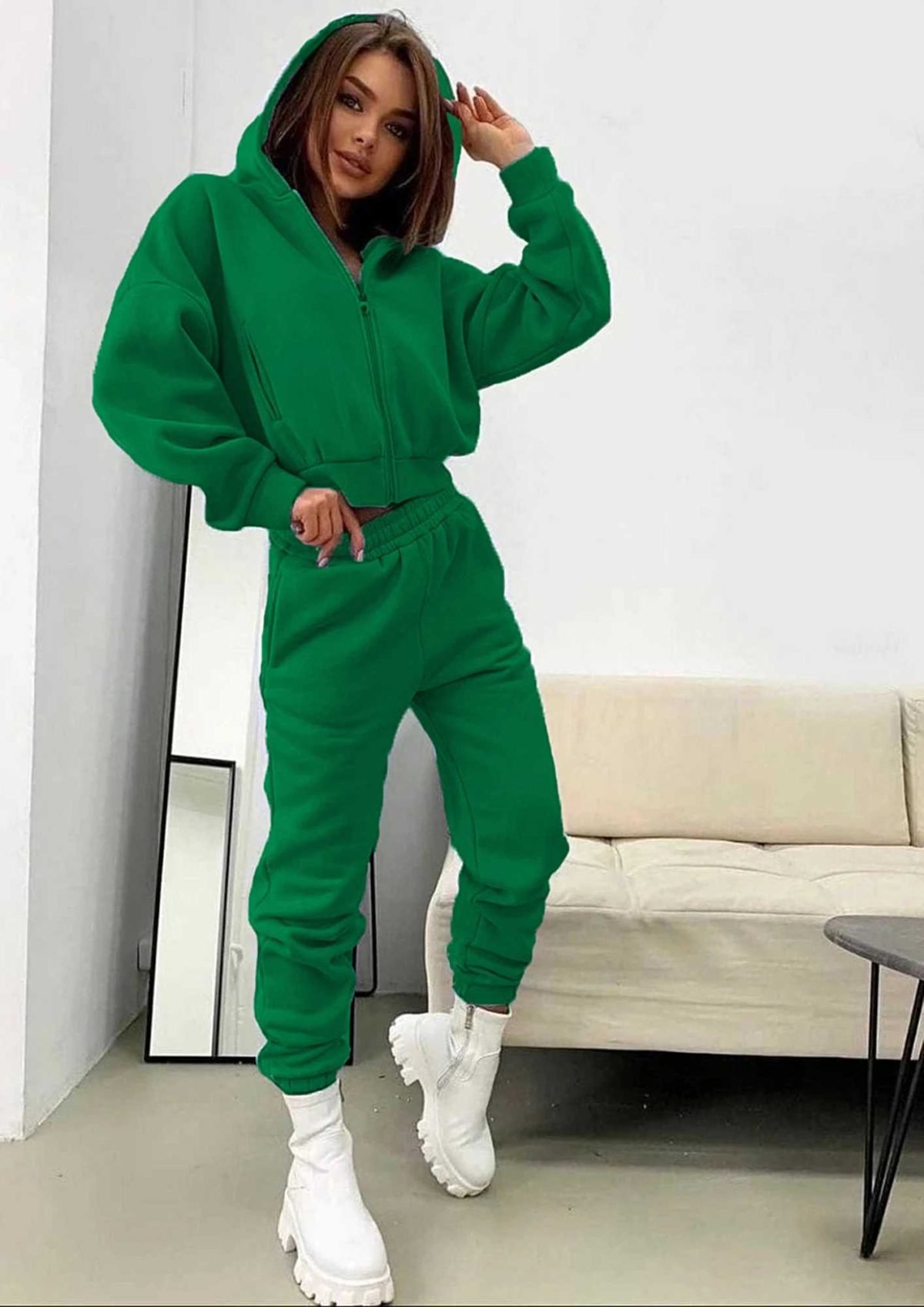 Drop Shoulder Crop Length Hoodie Jogger Set Tracksuit QA-2256