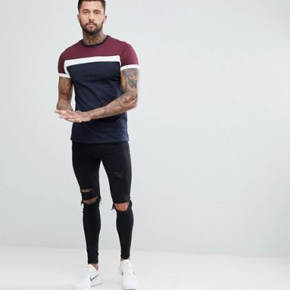 High Quality Navy Blue And Maroon T Shirt With White Stripes QA-2325