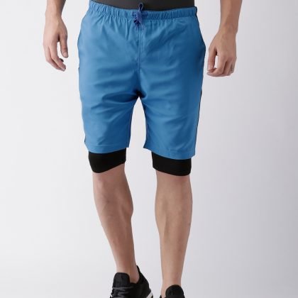 Men Blue Solid Color Training Shorts with inbuild Tights QA-2466