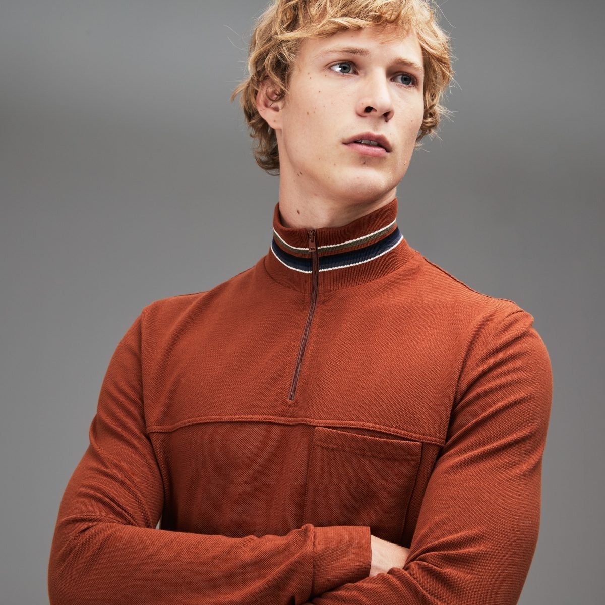 Men Fashion Show Zippered Stand Up Collar Polo Shirt QA-22107