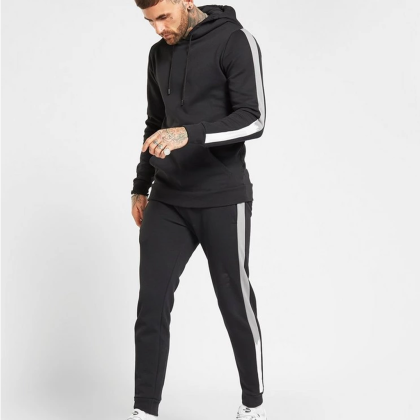 Men Wholesale Custom Hoodie Tracksuit Black With White Stripes QA-2407