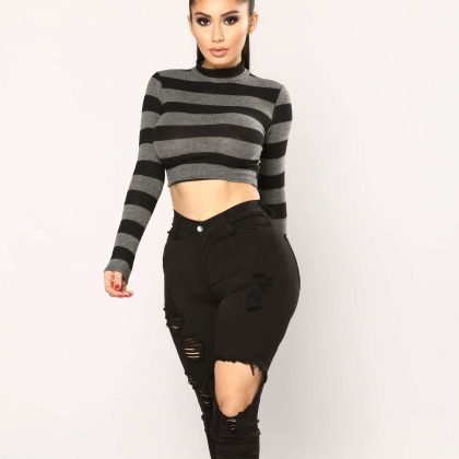 New Coming Steady Switching Stripe Top Grey And Black QA-2559