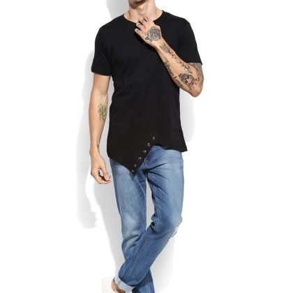 Wholesale Custom Black Solid Henley Neck Man T Shirt QA-2341