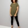 Women Khaki Split Side Longline T Shirt QA-2583