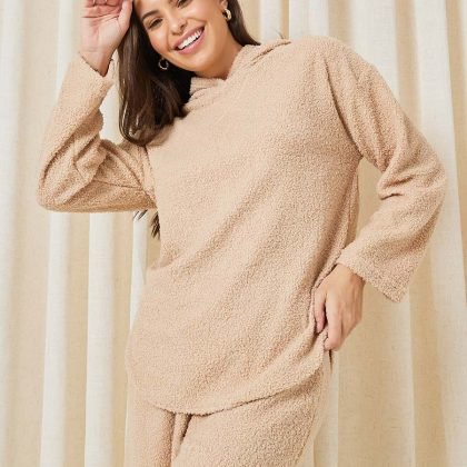 Women Shearling Fur Curved Hem Hoodie Tracksuit QA-2226