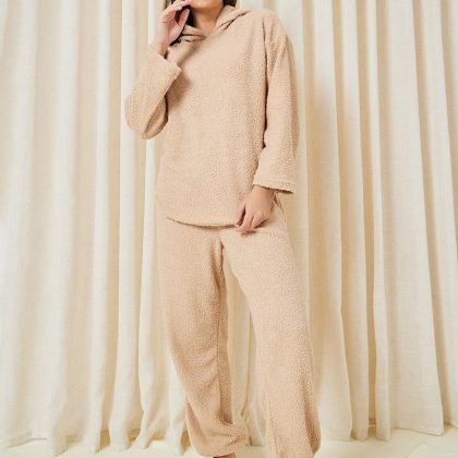 Women Shearling Fur Curved Hem Hoodie Tracksuit QA-2226